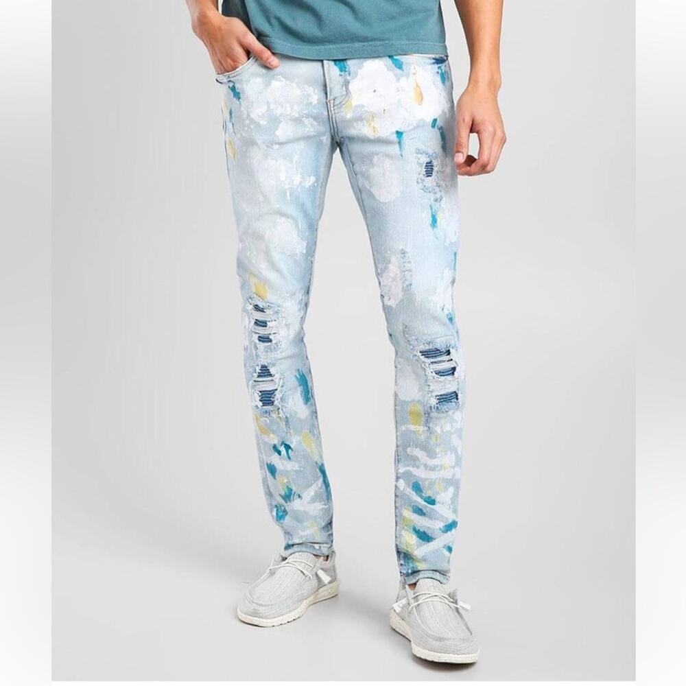 Buckle Crysp Denim KaplanSplatter Graffiti Distressed Skinny Stretch Jean 28